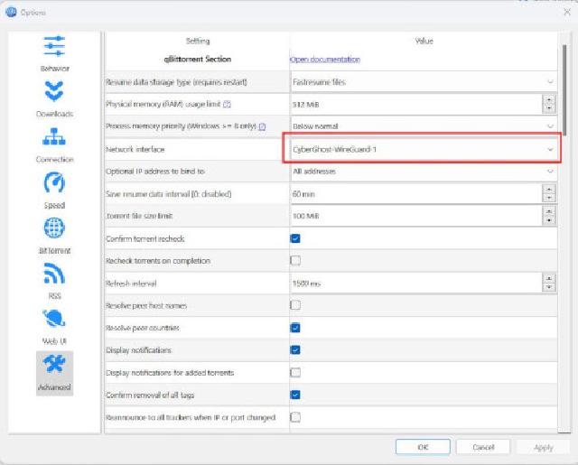 &ldquo;qBittorrent network interface&rdquo;